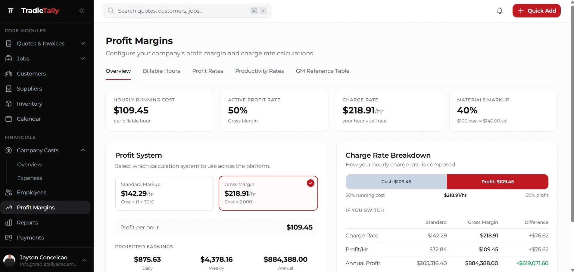 TradieTally profit margin view showing live margin on a quote